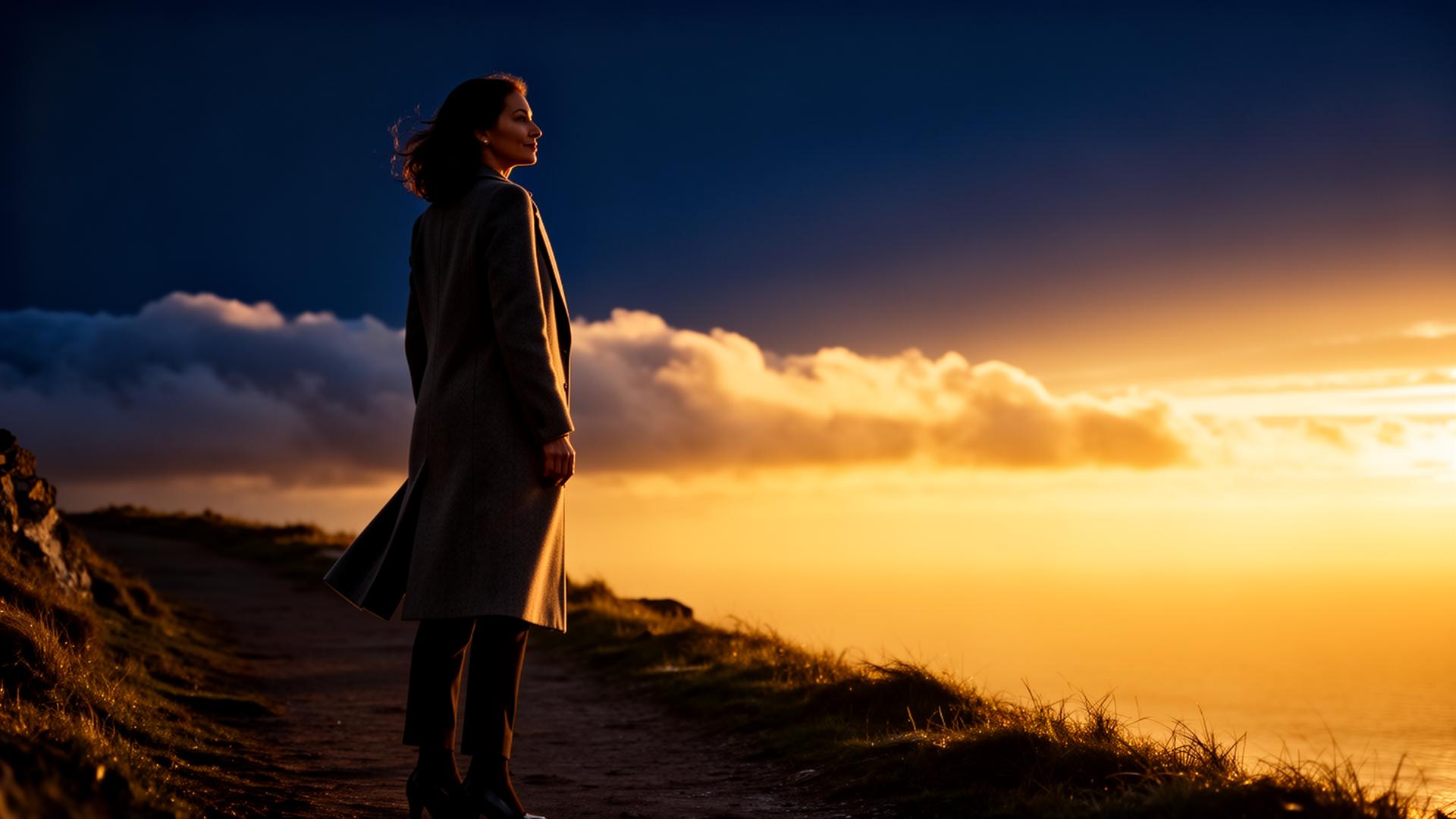A person standing on a clifftop path looking toward a golden sunrise